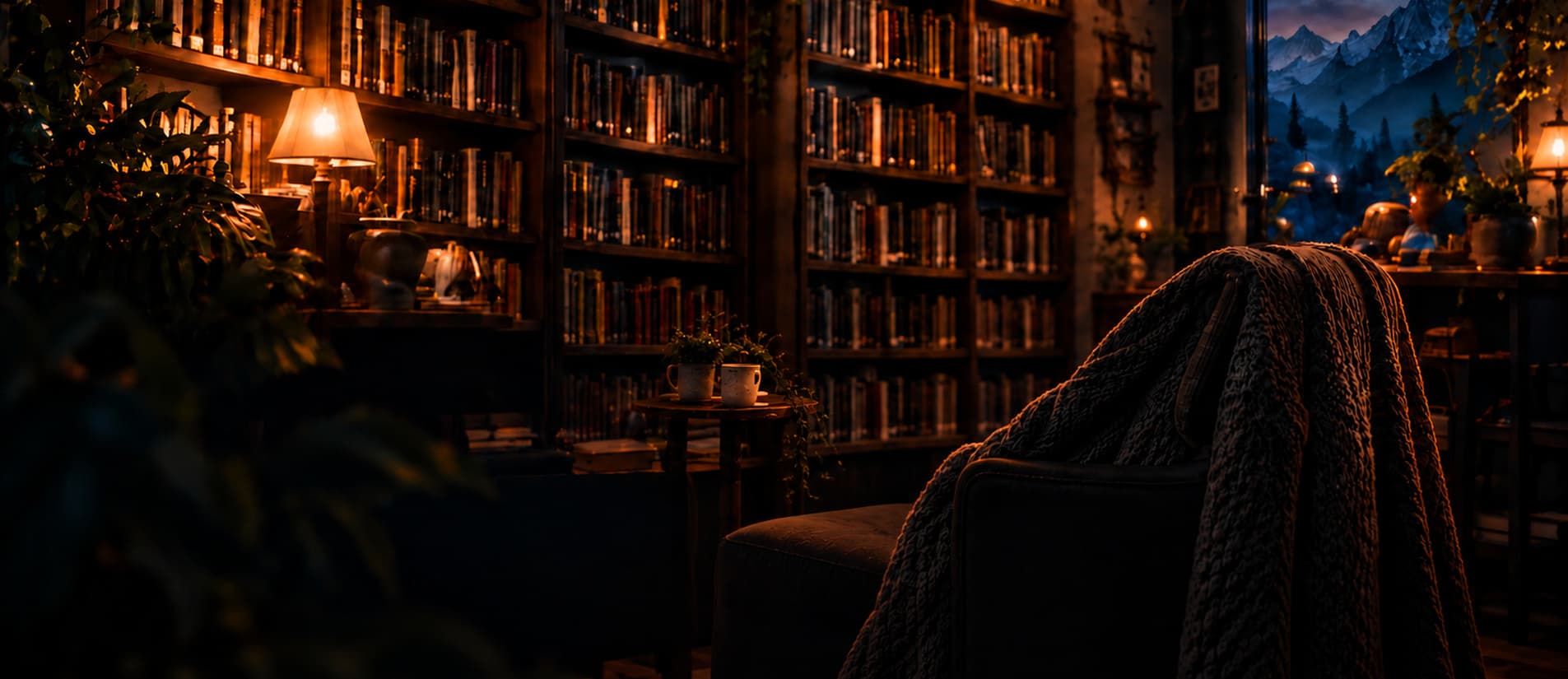 A man reads in a dark wood library at night, with snow-capped mountains visible through a window.